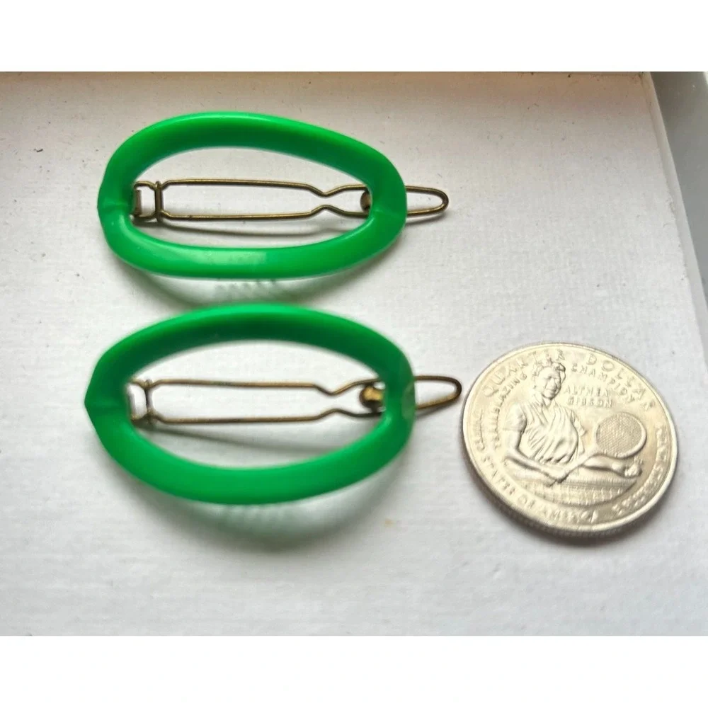 Vintage France Green Oval Hair Clips Matching Pair 1970s Mod Open Barrette Set